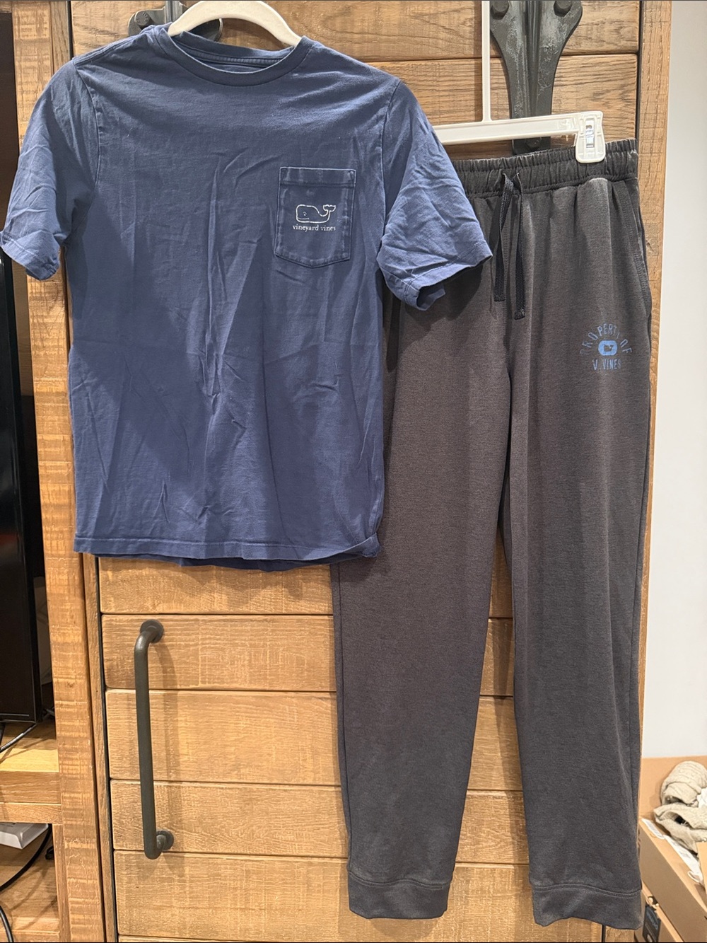 Vineyard Vines Navy Tshirt and Grey Sweatpants.